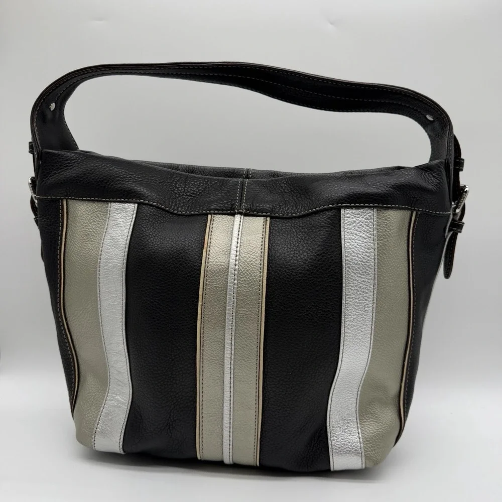 Tignanello Vintage Pebbled Leather Hobo Bag Purse Black Metallic Stripes Y2K